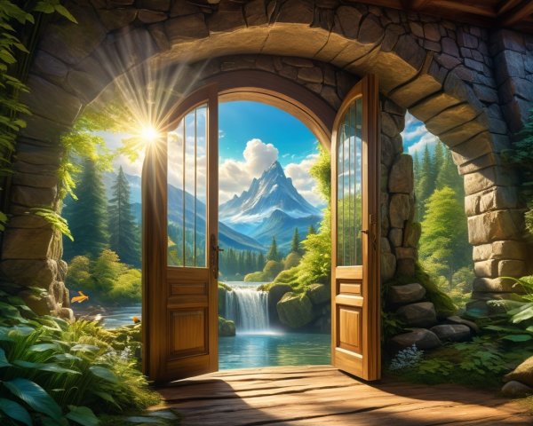 Digital Painting of Open Door to Mountain Landscape
