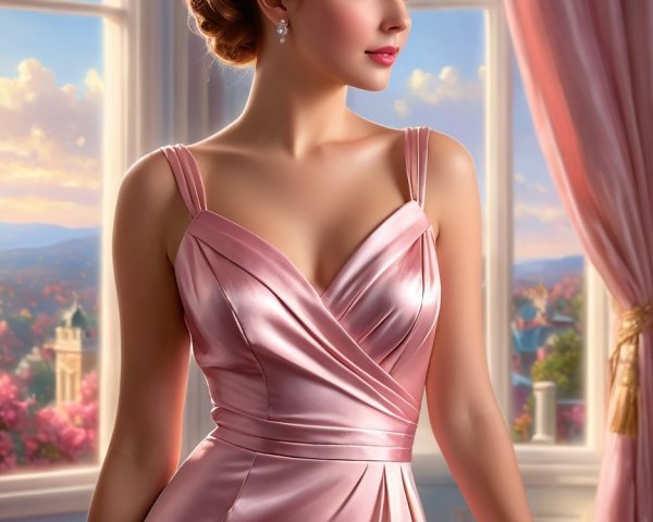 Elegant Woman in Pink Gown by Sunset Window