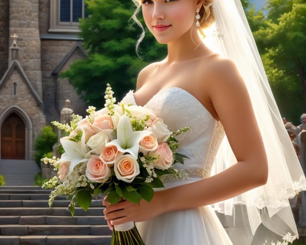 Radiant Bride in Strapless Gown Outside Stone Church