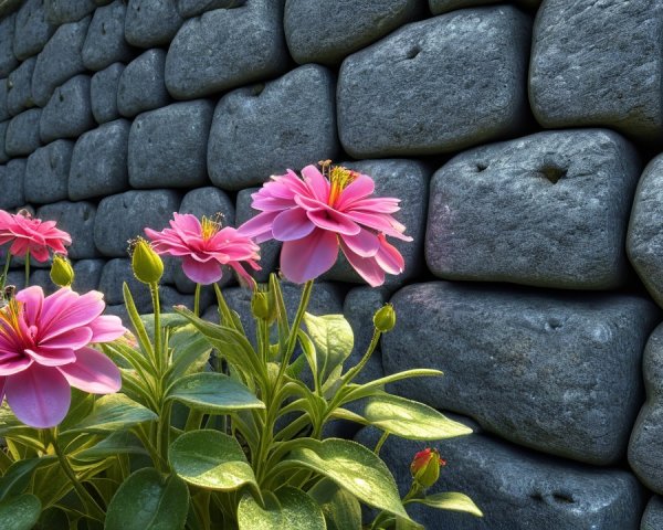 Pink Flowers Against Rustic Stone Wall Background