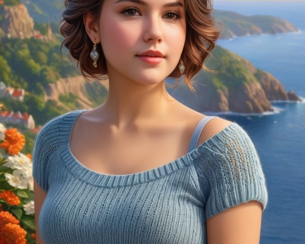 Young woman in blue sweater at coastal scenery
