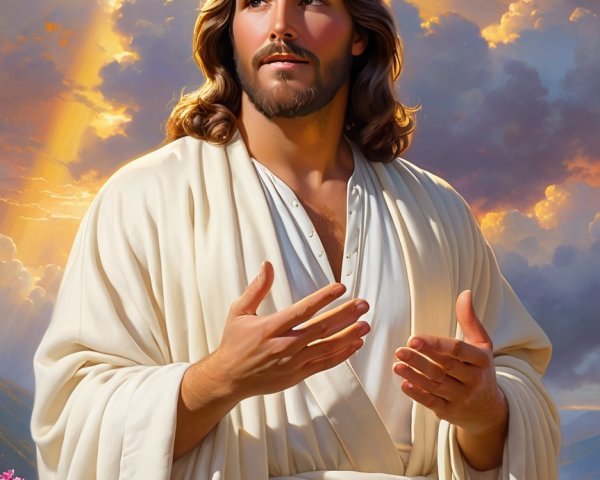 Serene Figure in White Robe Against Radiant Sunset