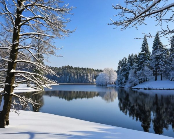 Serene Winter Landscape with Tranquil Lake and Snow