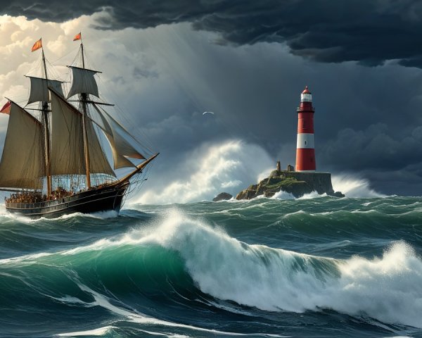 Majestic ship navigating turbulent waters under clouds