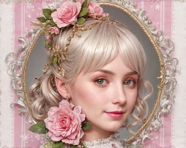 Young woman with floral decorations in pastel attire