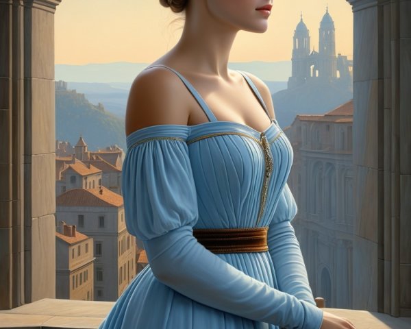 Graceful Woman in Elegant Blue Gown in Sunlit Archway