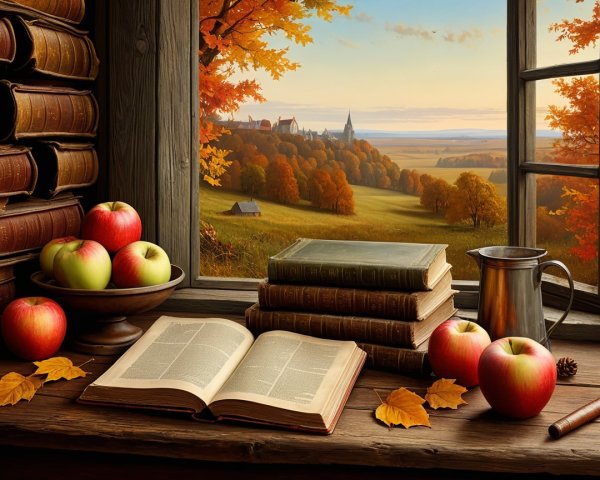 Cozy Autumn Scene with Books and Fresh Apples