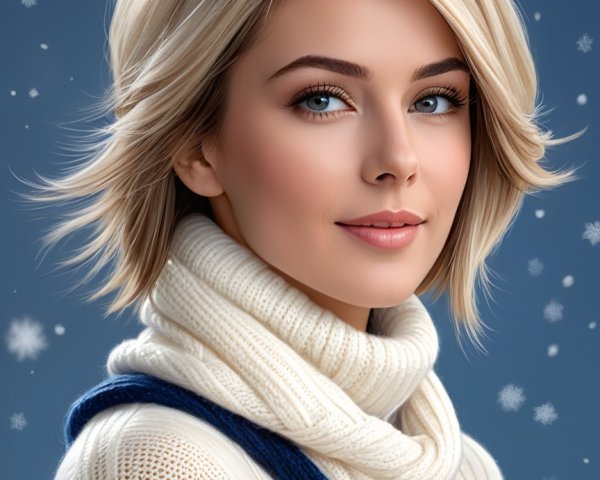 Young woman in cozy sweater with snowy background