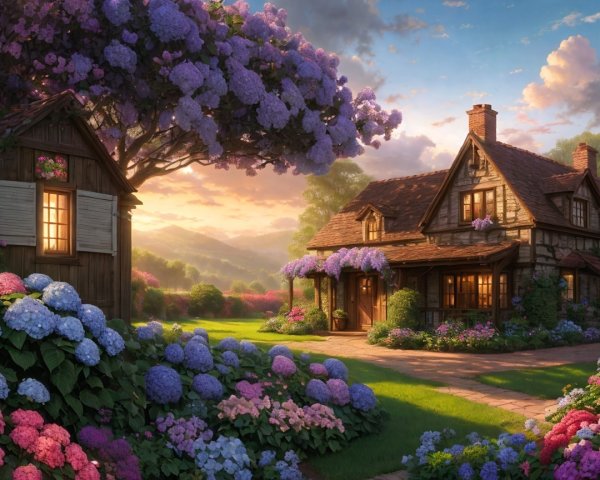 Cottage Surrounded by Blooming Hydrangeas and Greenery