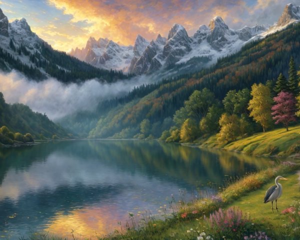 Tranquil Lake and Sunset Over Snow-Capped Mountains