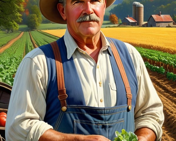 Farmer in Vibrant Field with Fresh Vegetables and Barn