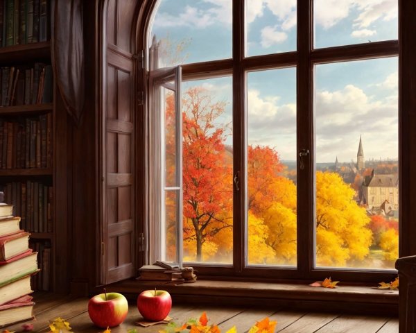 Cozy Room with Arched Window and Autumn Decor