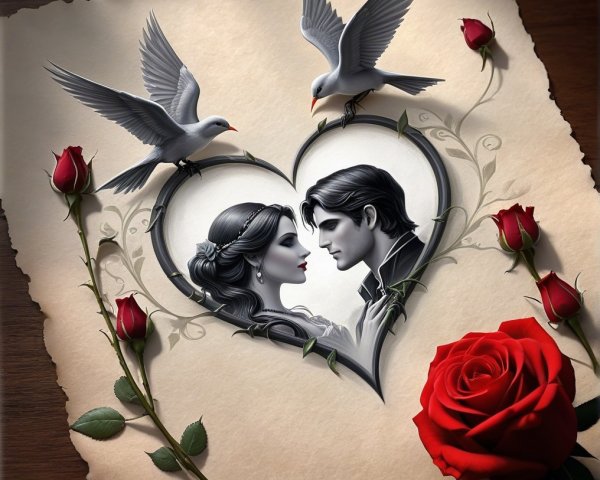 Couple's Profile in Heart Surrounded by Vines and Doves