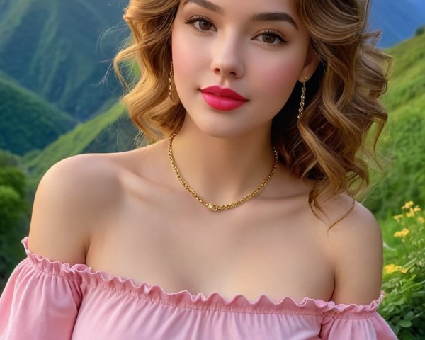 Young woman in pink top against mountain sunset backdrop