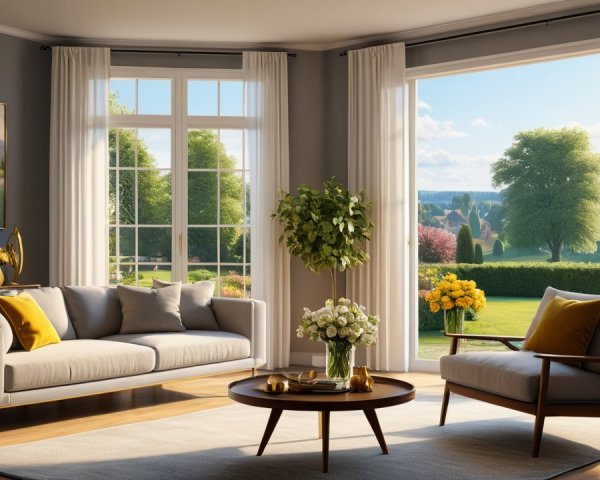 Bright Living Room with Garden View and Cozy Decor