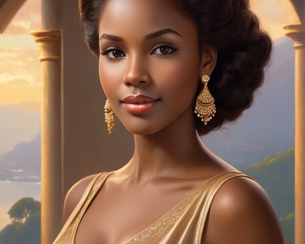 Elegant Portrait of Woman in Gold Dress at Sunset