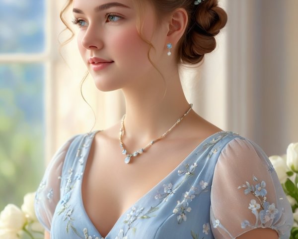 Young woman in floral dress gazing out a window