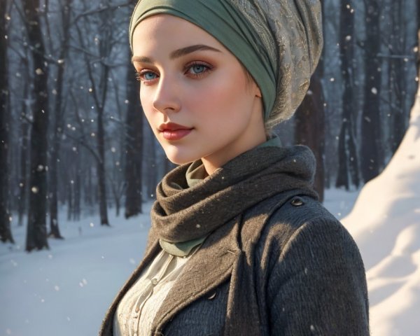 Young woman in a snowy forest with winter attire