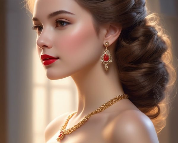 Elegant Young Woman in Luxurious Dress and Jewelry