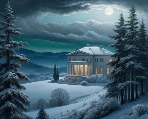 Neoclassical Mansion on Snowy Hillside at Night