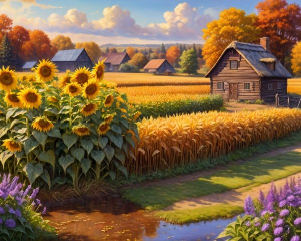 Serene Rural Landscape with Farmhouse and Sunflowers