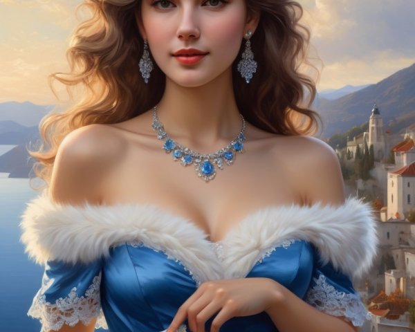 Young Woman in Elegant Gown Overlooking Coastal Town