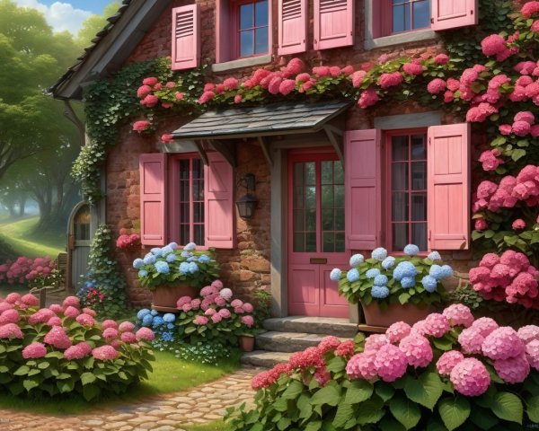 Charming Cottage Surrounded by Vibrant Blooms and Greenery