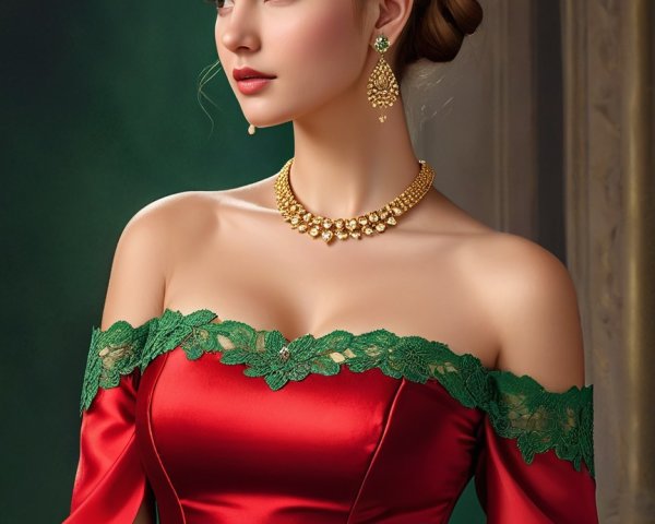 Elegant Woman in Red Gown with Green Lace Accents