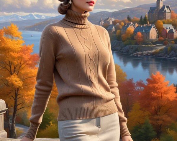 Stylish Woman in Autumn Foliage by Scenic Lake