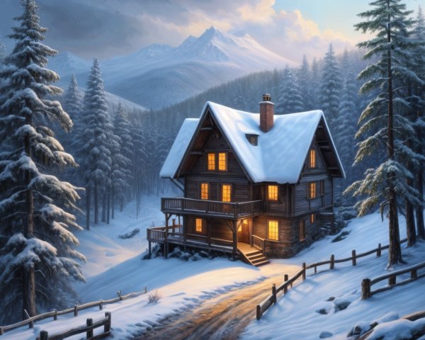 Cozy Wooden Cabin in Snowy Mountain Landscape