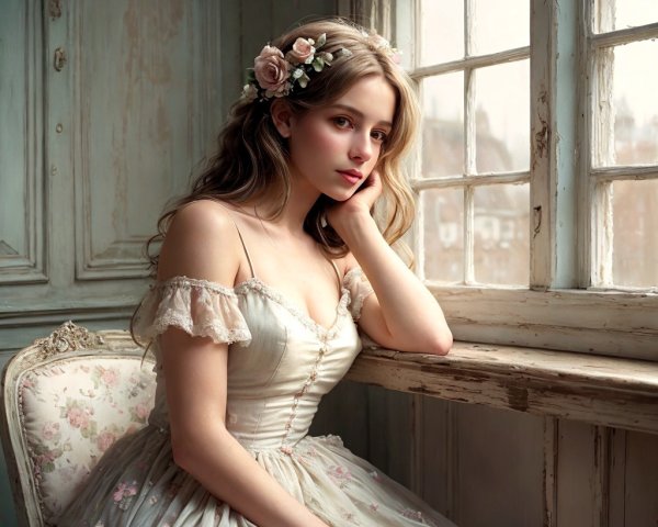 Young woman in floral gown by vintage window