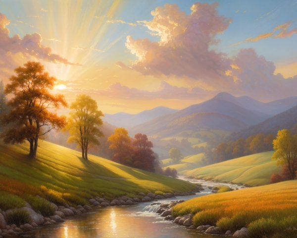 Serene Dawn Landscape with Rolling Hills and Stream