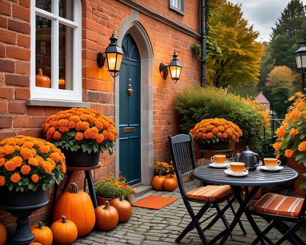Charming Brick Home with Blue Door and Autumn Decor