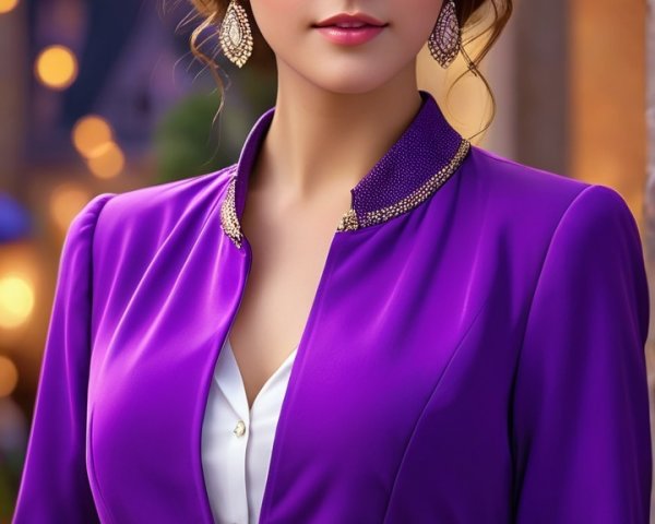 Elegant young woman in vibrant purple outfit
