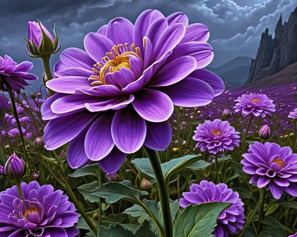 Vibrant Purple Flower Field Under Dramatic Sky