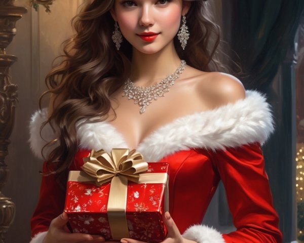 Young woman in red dress with gift box in dim light