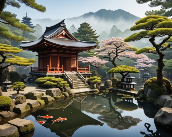 Serene Japanese Garden with Pavilion and Cherry Blossoms