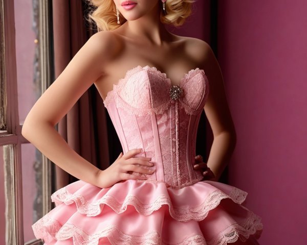 Model in Pink Strapless Corset Dress with Lace Detail