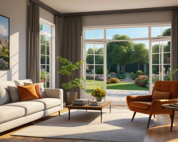 Bright Living Room with Cream Sofa and Garden View