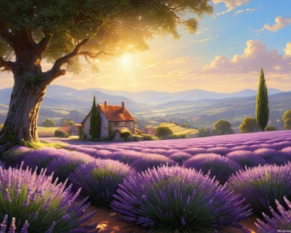 Vibrant Lavender Fields and Charming Cottage Landscape