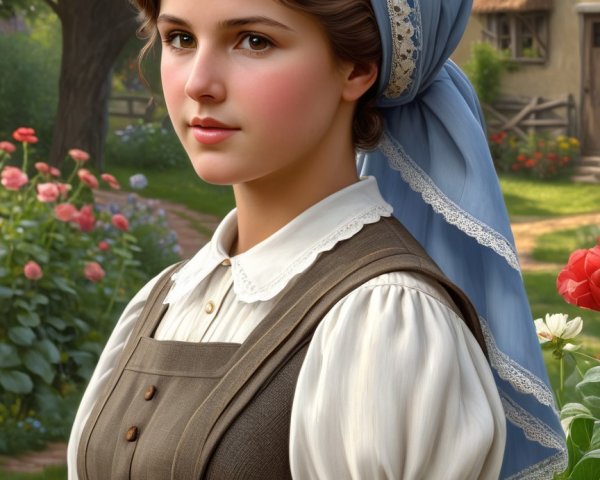 Young Woman in Vintage Dress in Lush Garden Setting