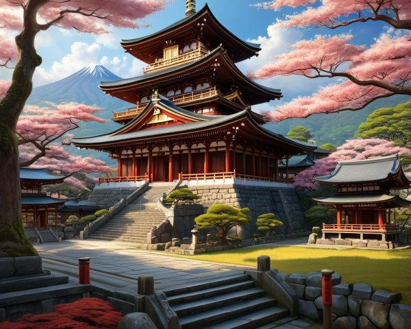 Japanese Temple Surrounded by Cherry Blossoms and Mountains