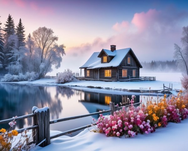 Wooden Cabin by Frozen Lake in Winter Landscape