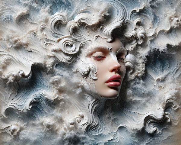 Surreal Sculpted Face in Cream and Blue Textures