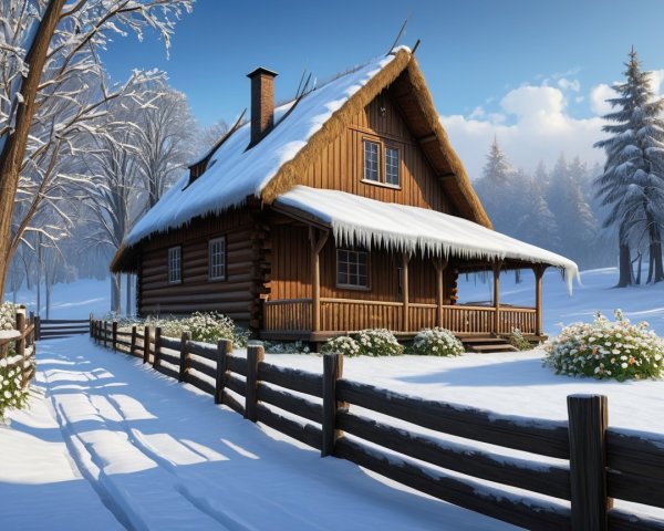 Charming Wooden Cottage in Snowy Winter Landscape