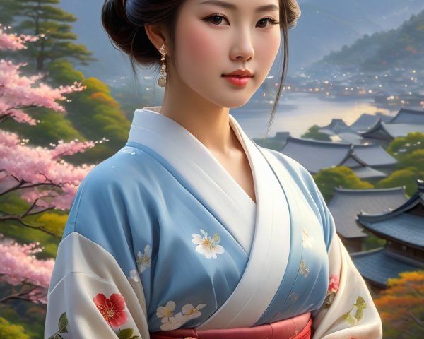 Young Woman in Kimono Amidst Cherry Blossoms and Mountains