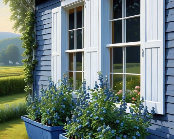 Charming Blue House with White Shutters and Flowers