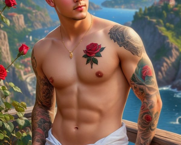 Young man with tattoos on balcony overlooking mountains
