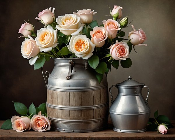 Rustic Barrel with Peach and Cream Rose Bouquet