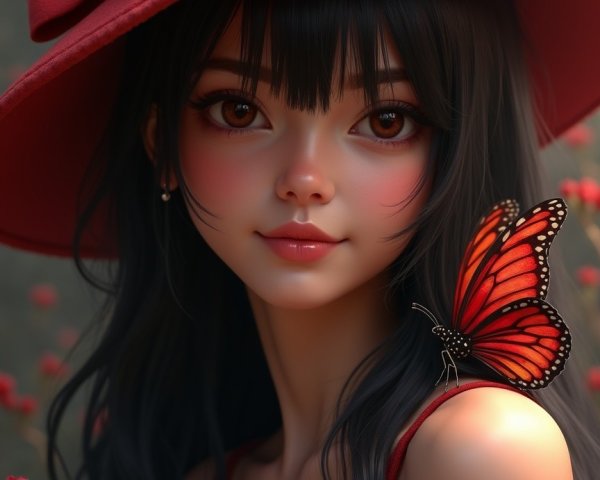 Young woman in red hat with butterfly and flowers
